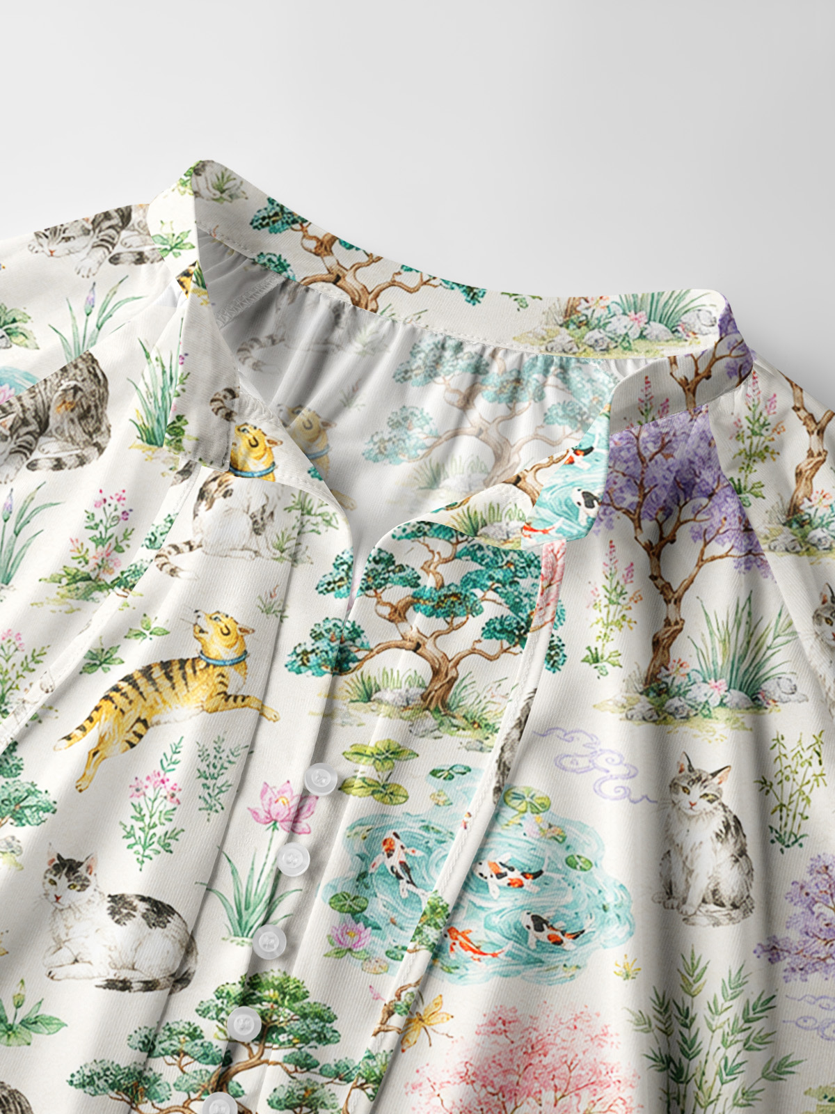 Cats in a Tranquil Garden Pond Scene Print Boho Long Sleeve Tie‑Neck Blouse