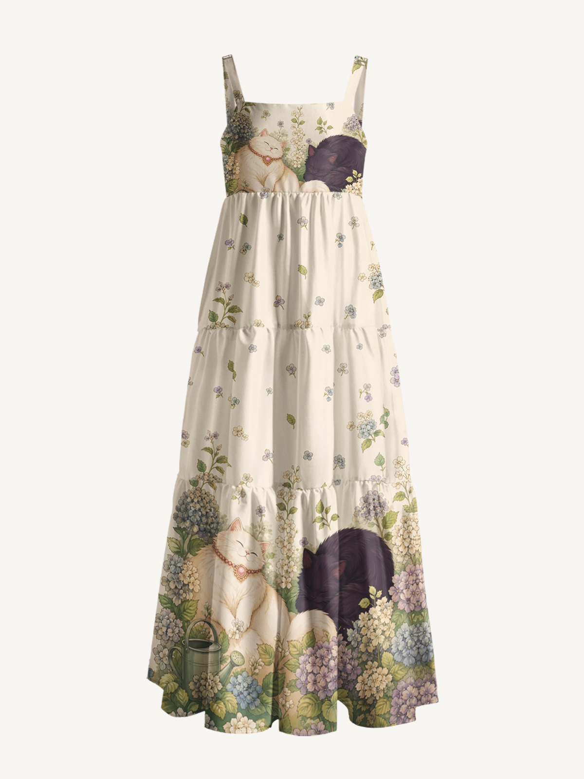 Hydrangea Garden Napping Cats Print Wide Straps Maxi Dress With Pockets