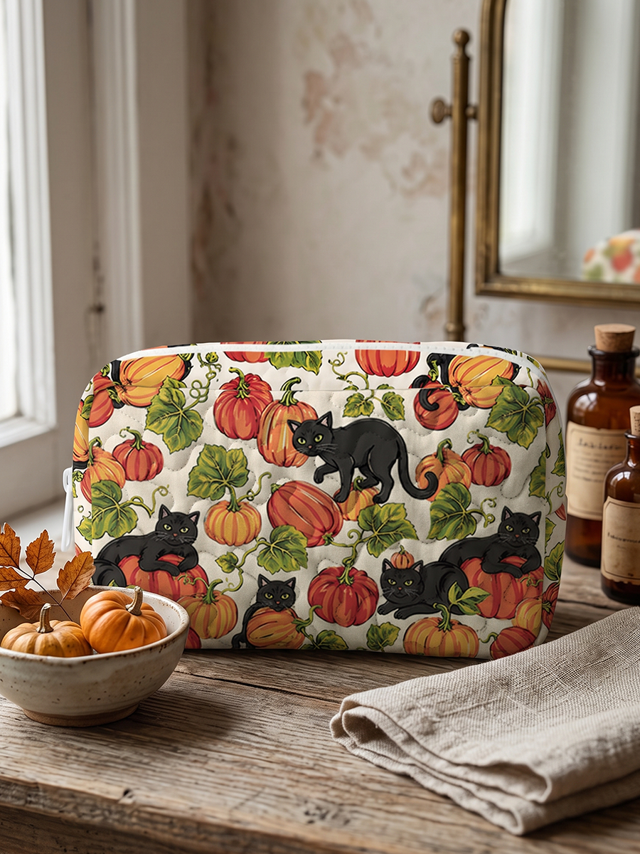 Black Cat Romp in the Pumpkin Fields Print Cloud Quilted Cosmetic Pouch