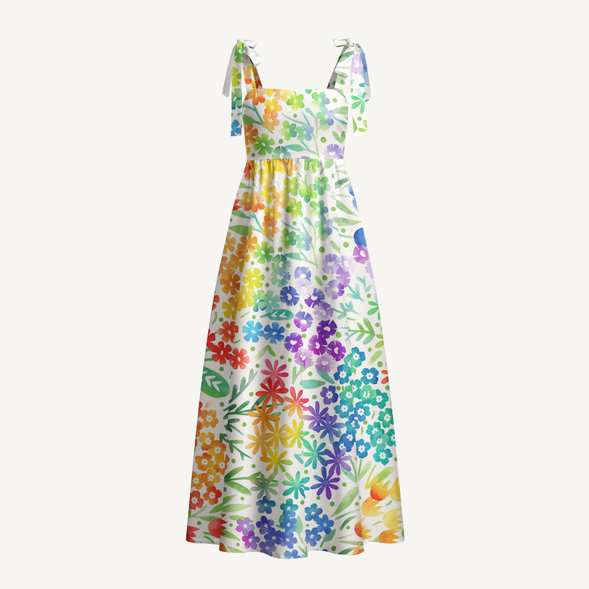Fun Rainbow Print Bow Strap Maxi Dress