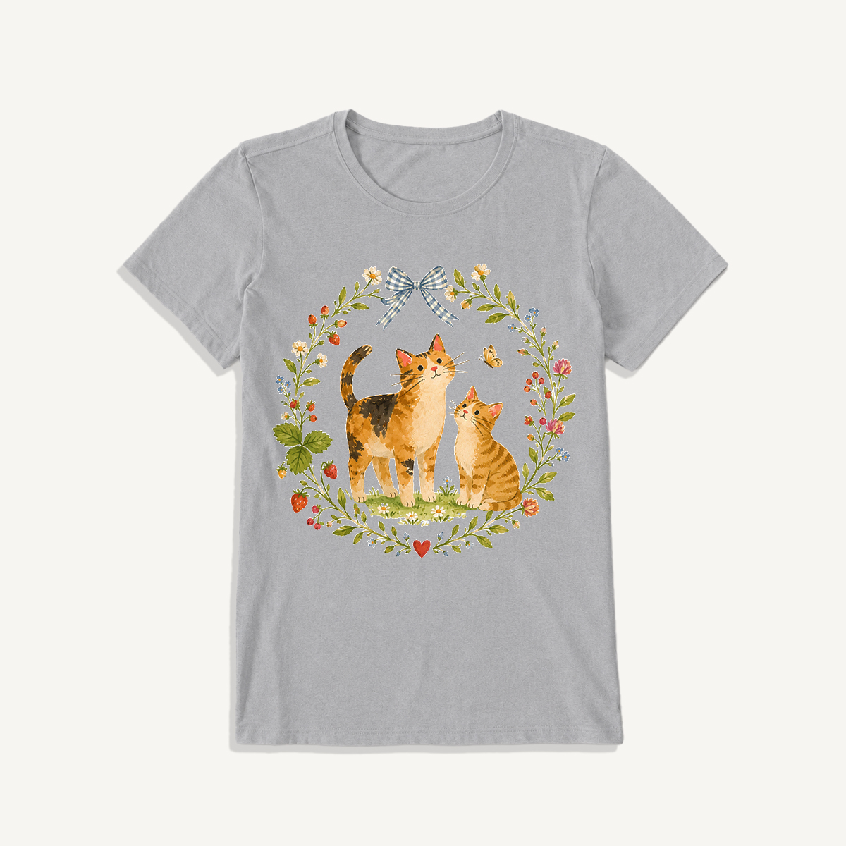 Strawberry Garden Cats Print Crew Neck Cotton Tee