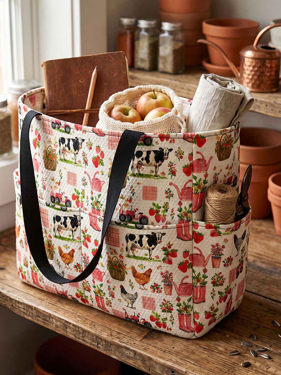 Watercolor Pink Farm Chicken Cow Print Tote Bag