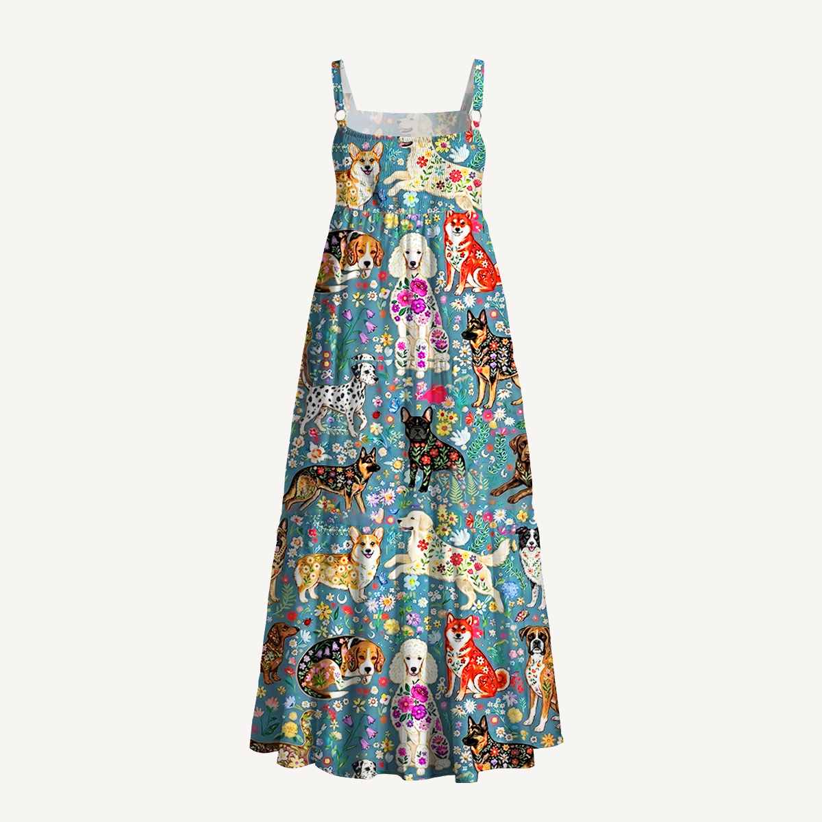 Cute Flower Dog Print Wide Straps Maxi Dress With Pockets