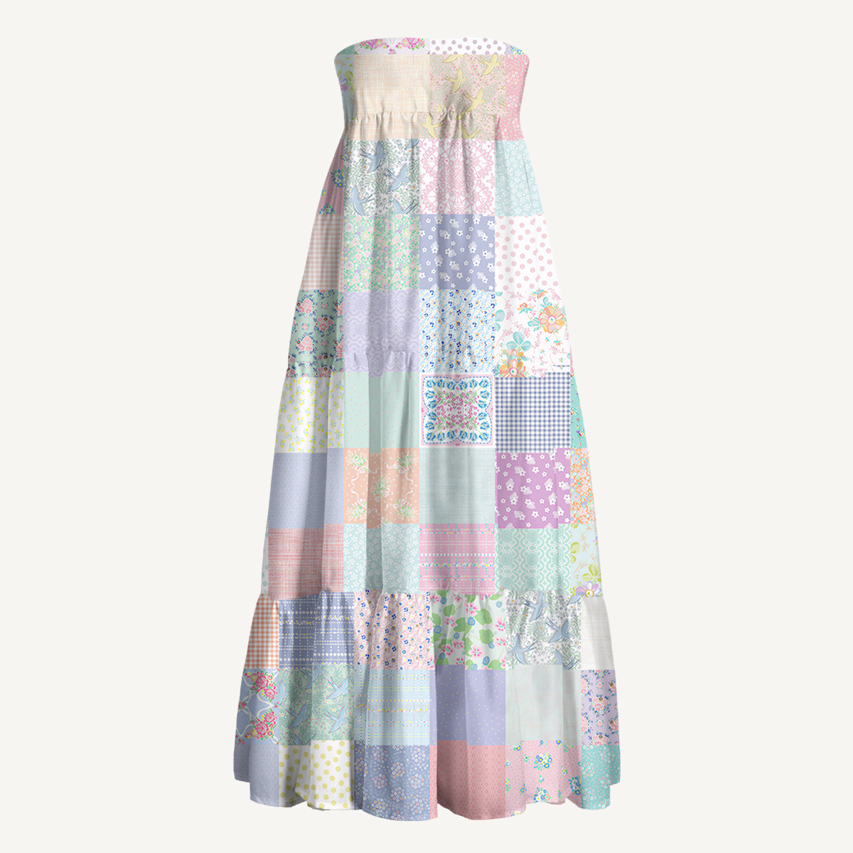 Vintage Quilt Patchwork  Print Convertible Maxi Skirt & Strapless Dress  