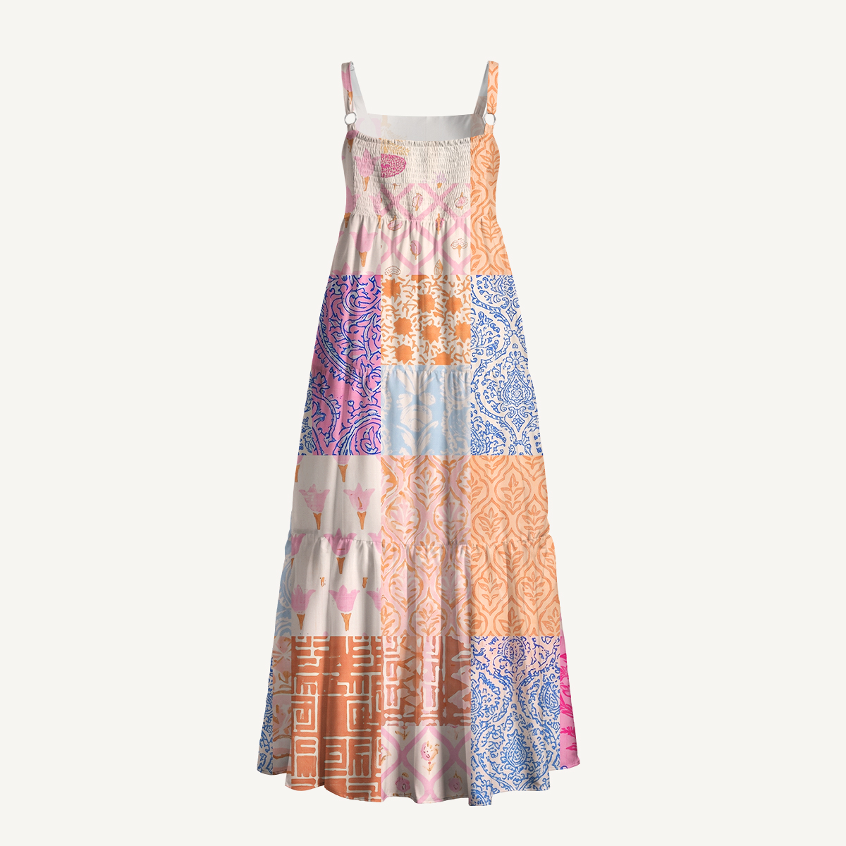 Retro Bohemian Quilt Print Wide Straps Maxi Dress With Pockets