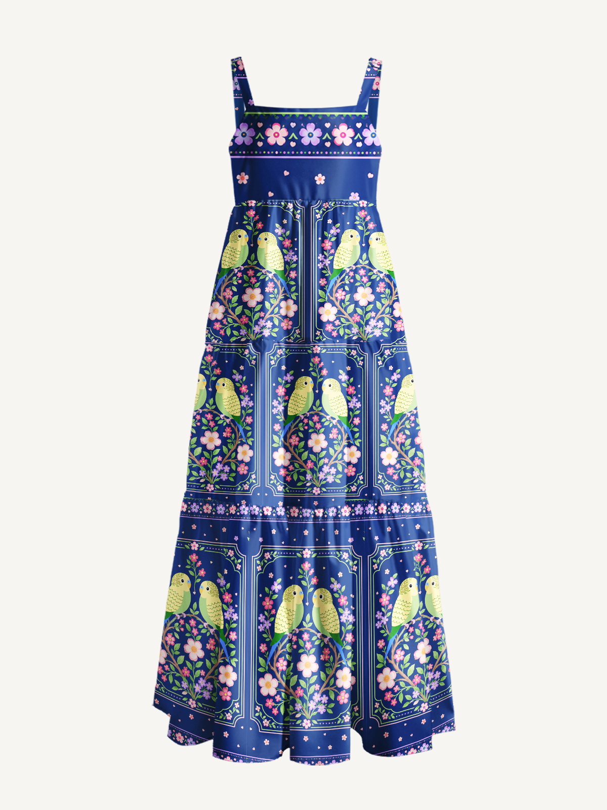 Midnight Garden Lovebirds Print Wide Straps Maxi Dress With Pockets