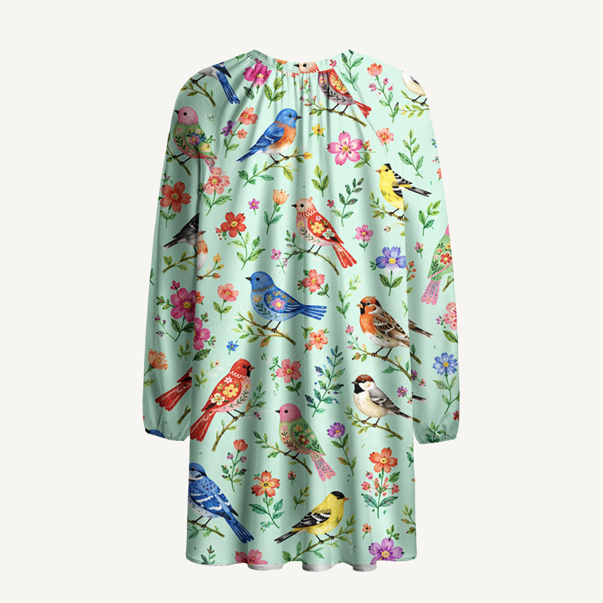 Colorful Songbird Garden Print Boho Tie‑Neck Smock Mini Dress