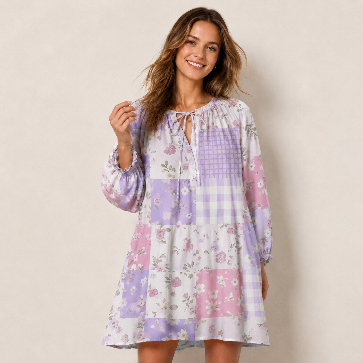 Sweet Cottage Patchwork Print Boho Tie‑Neck Smock Mini Dress