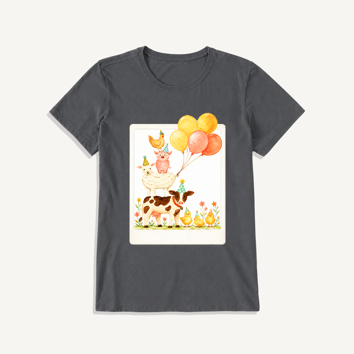 Farm Party Portrait Print Crew Neck Cotton Tee