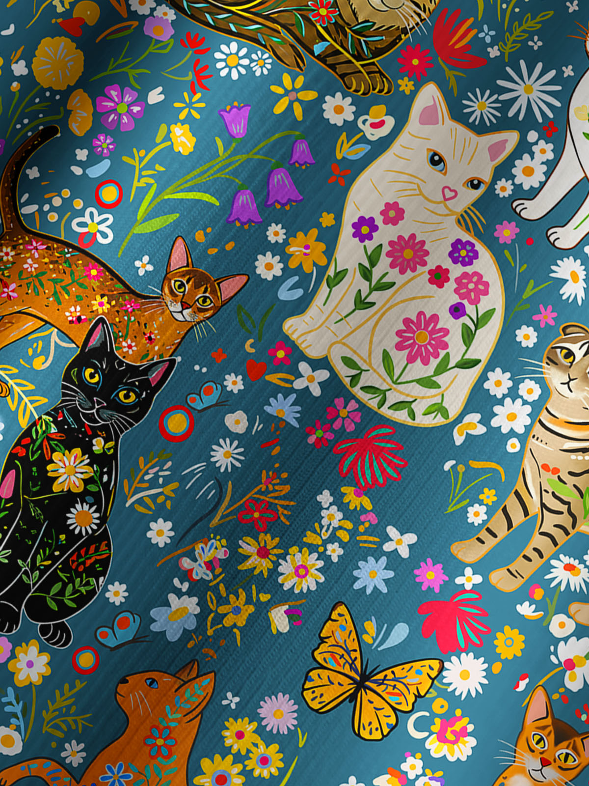 Colorful Garden Cat Pattern Print Boho Long Sleeve Tie‑Neck Smock Shirt