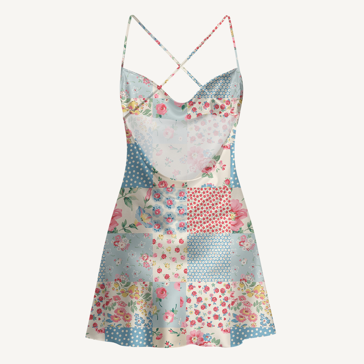 Pastel Patc Satin Cross Back Mini Dress