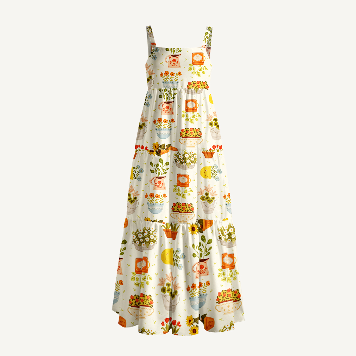 Vintage Flower Pot Gallery Print Wide Straps Maxi Dress With Pockets