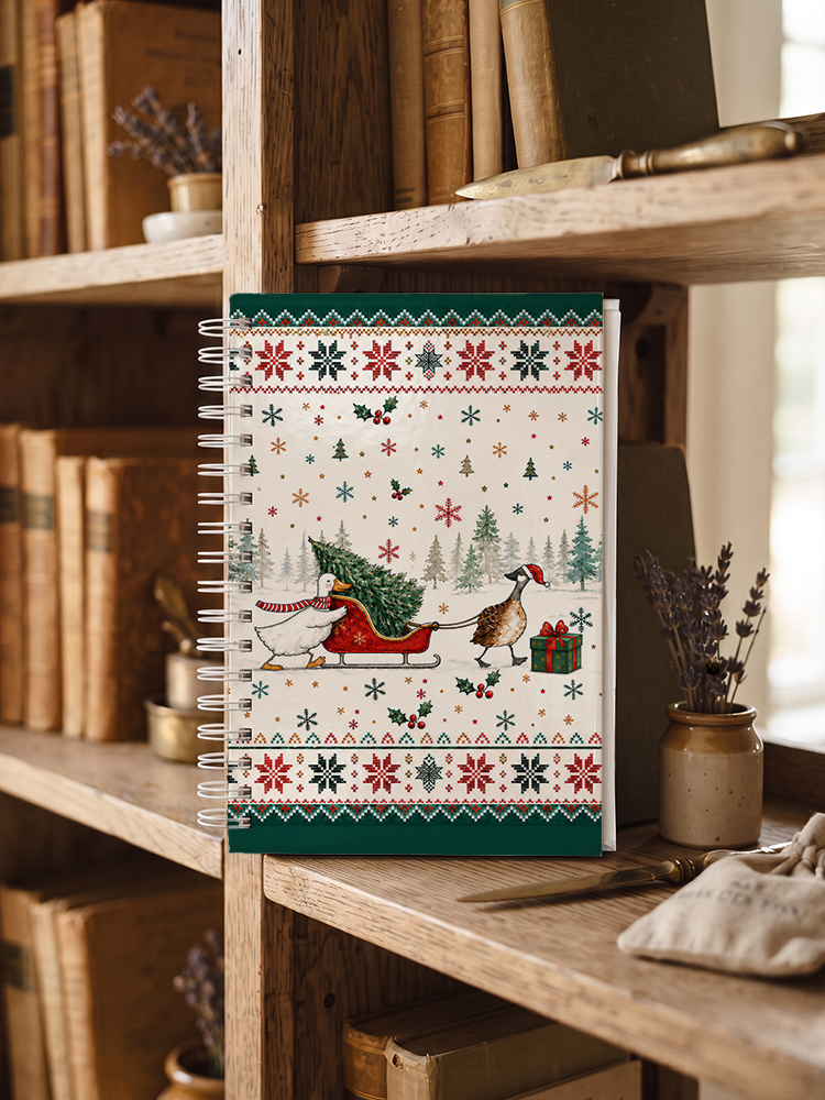 Christmas Duck Sleigh & Pine Tree Print A5 Spiral Notebook