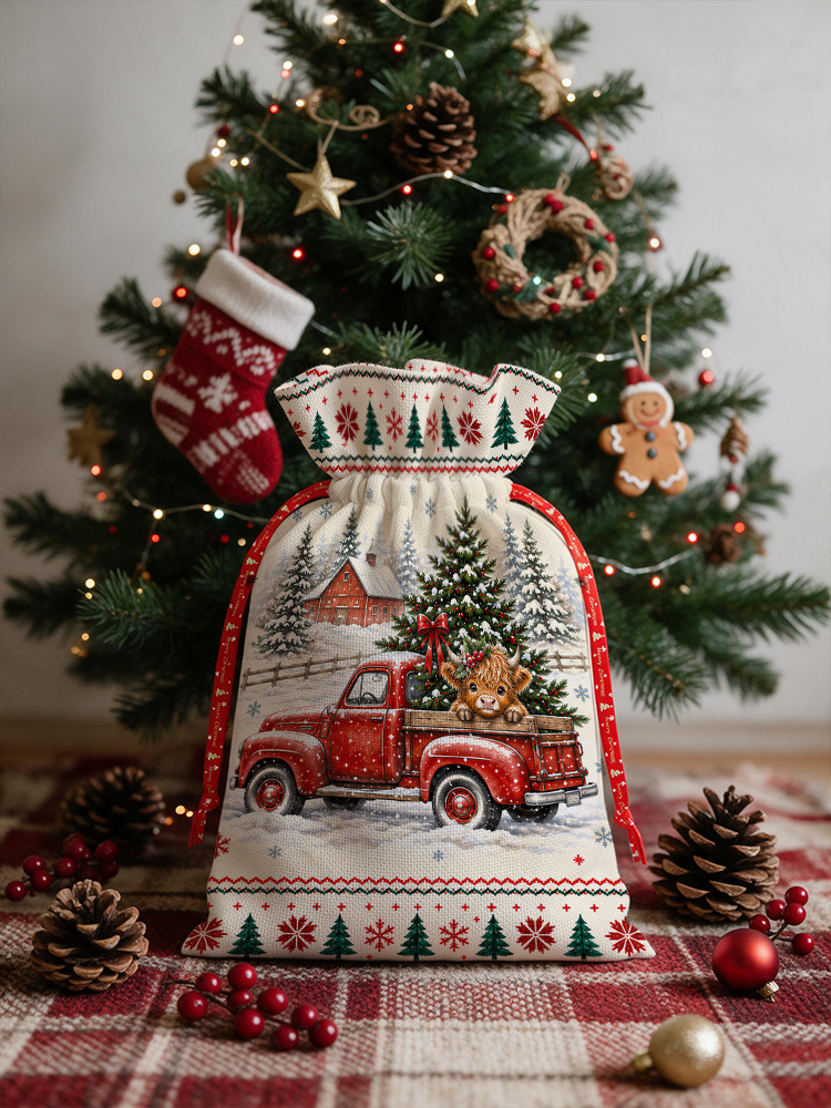 Cozy Christmas Farm Truck Cow Reusable Drawstring Gift Bag