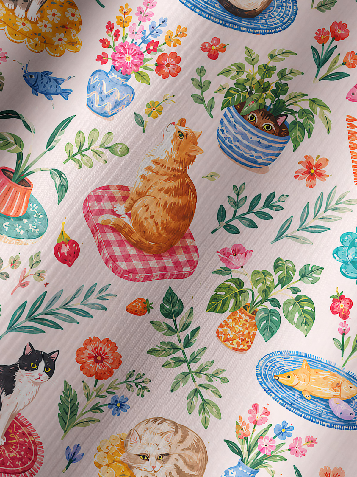 Cozy Garden Cats on Colorful Rugs Print Boho Long Sleeve Tie‑Neck Blouse