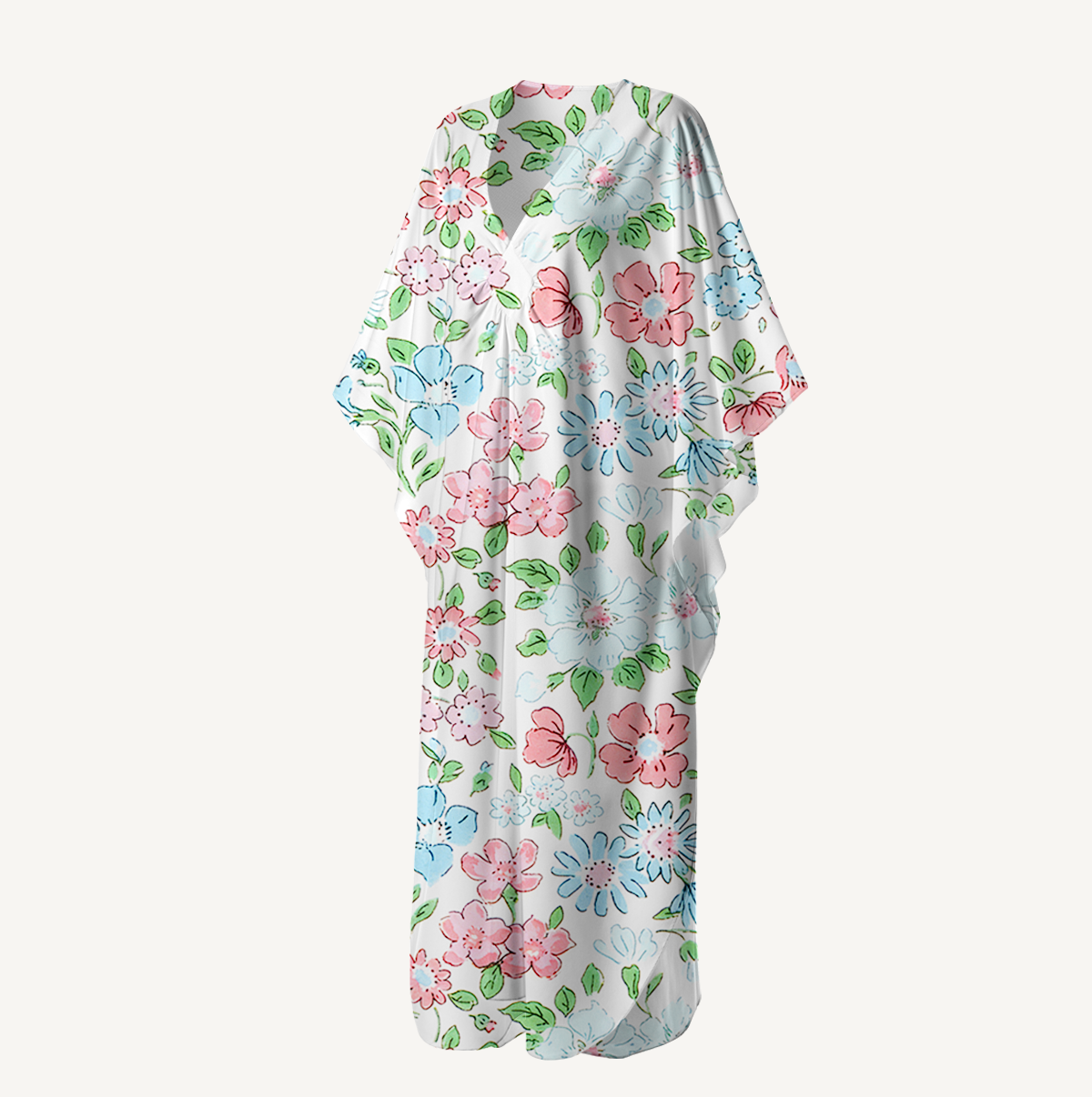  V‑Neck Pastel Cottage Floral Kimono Sleeve Kaftan Dress