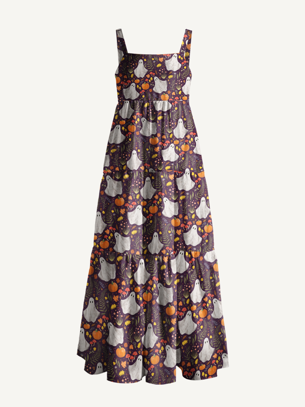 Halloween Ghosts, Pumpkins & Mushrooms Print Wide Straps Maxi Dress With Pockets