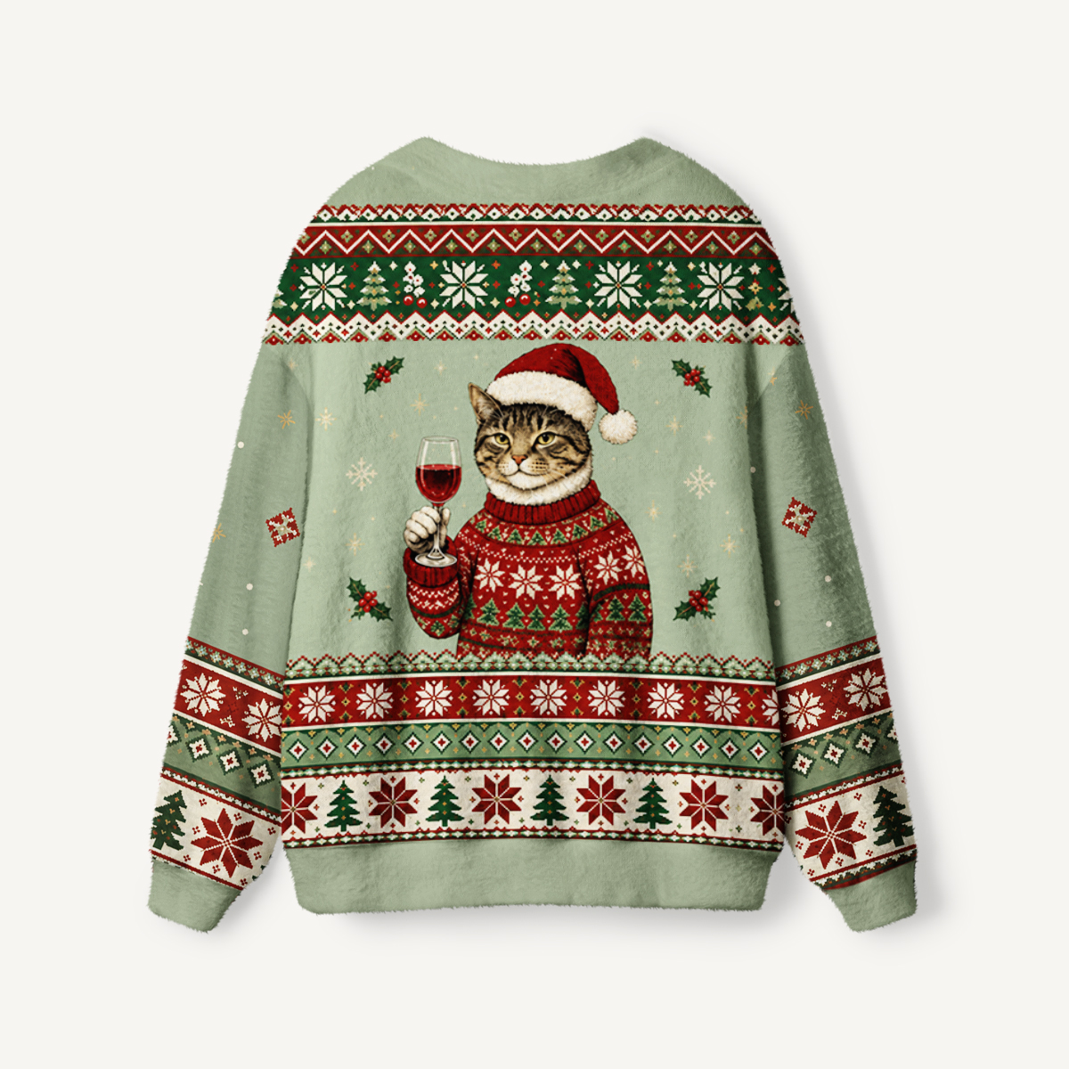 Tipsy Christmas Cat Wine Print Ugly Cardigan Sweaters