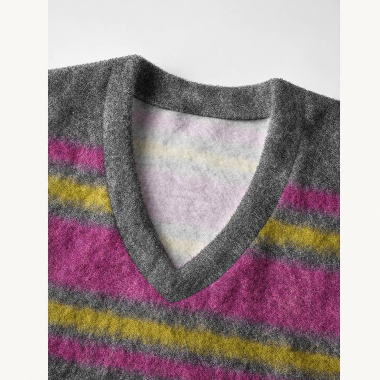 Grey Striped Fuzzy Print V-Neck Sweater Vest