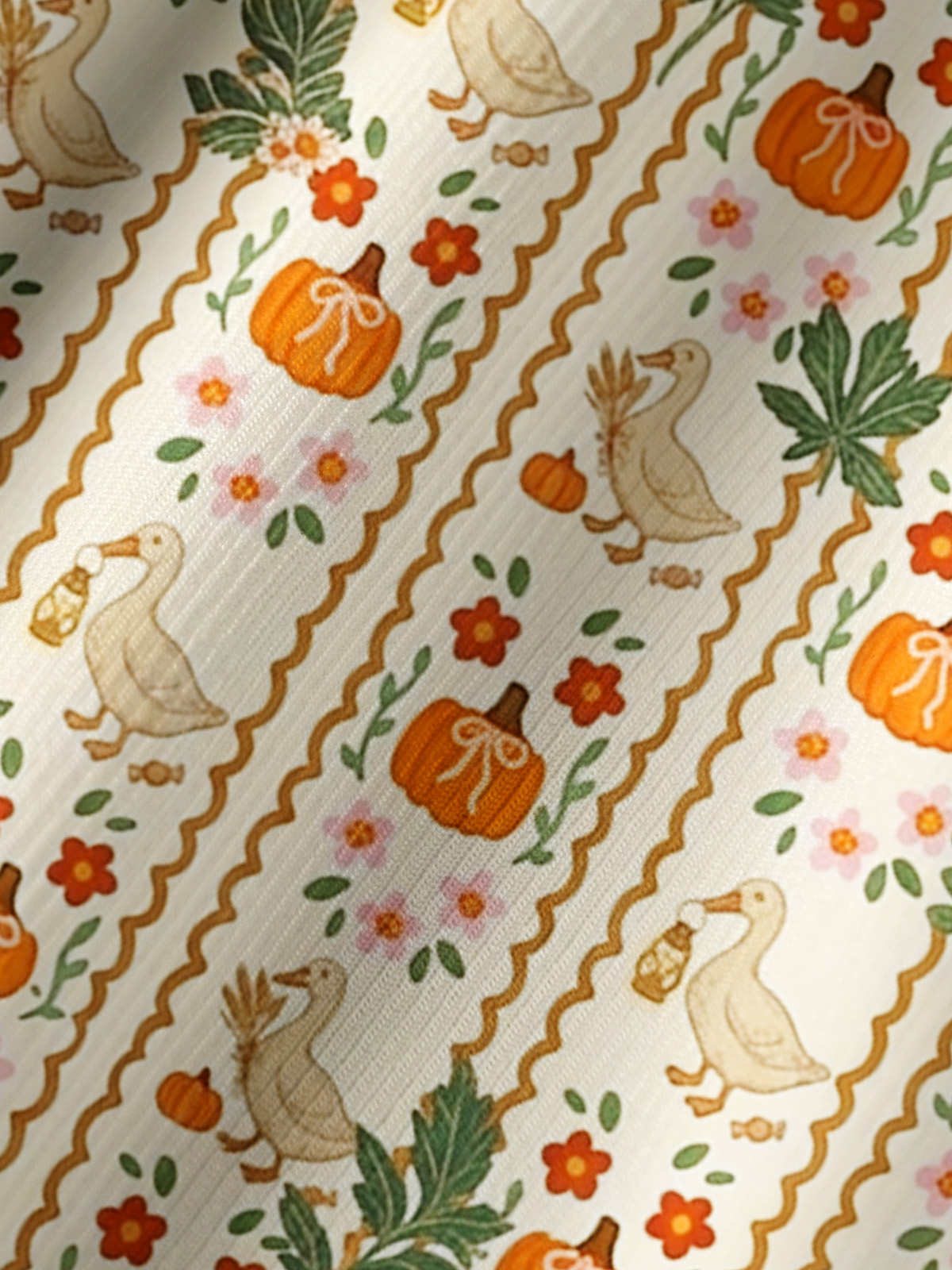 Harvest Goose & Pumpkin Print Boho Long Sleeve Tie‑Neck Blouse