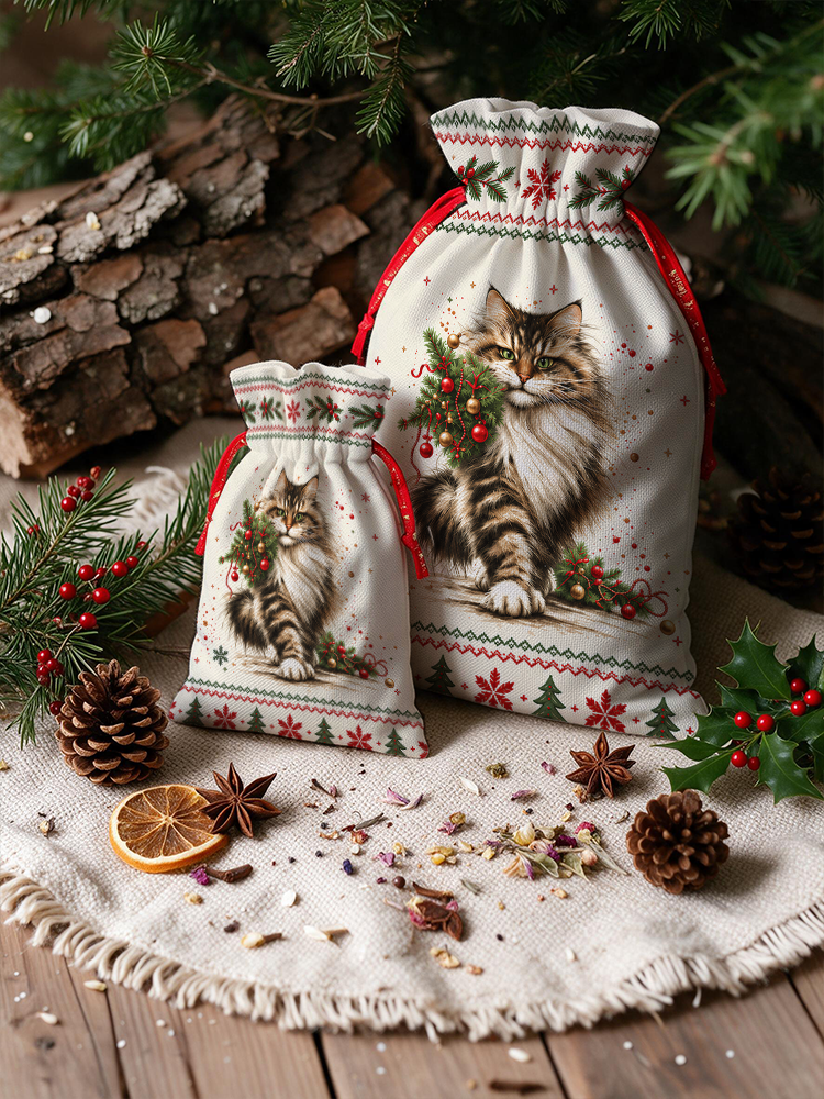 Charming Christmas Cat Reusable Drawstring Gift Bag