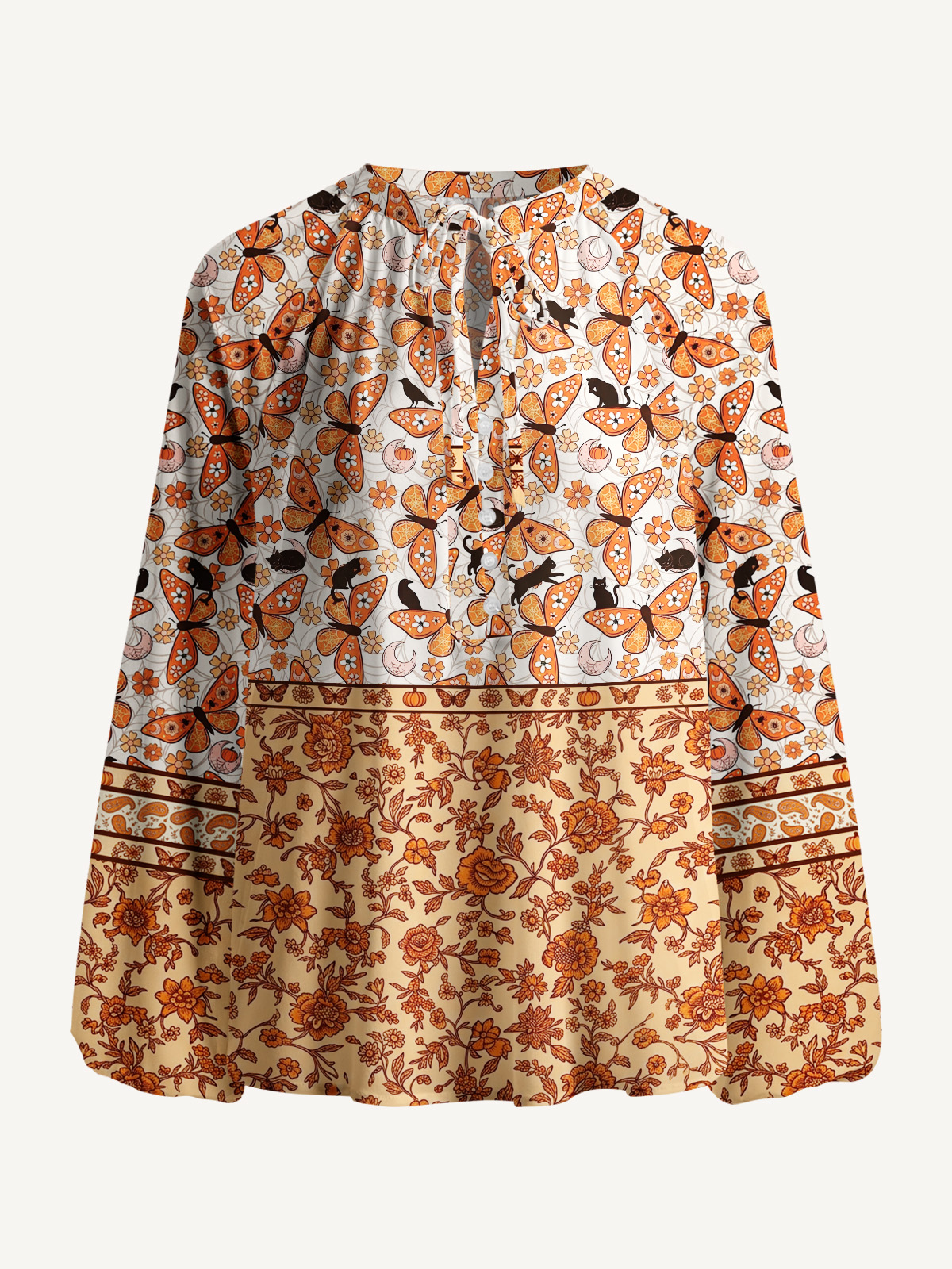 Whispering Wings Halloween Print Boho Long Sleeve Tie‑Neck Blouse