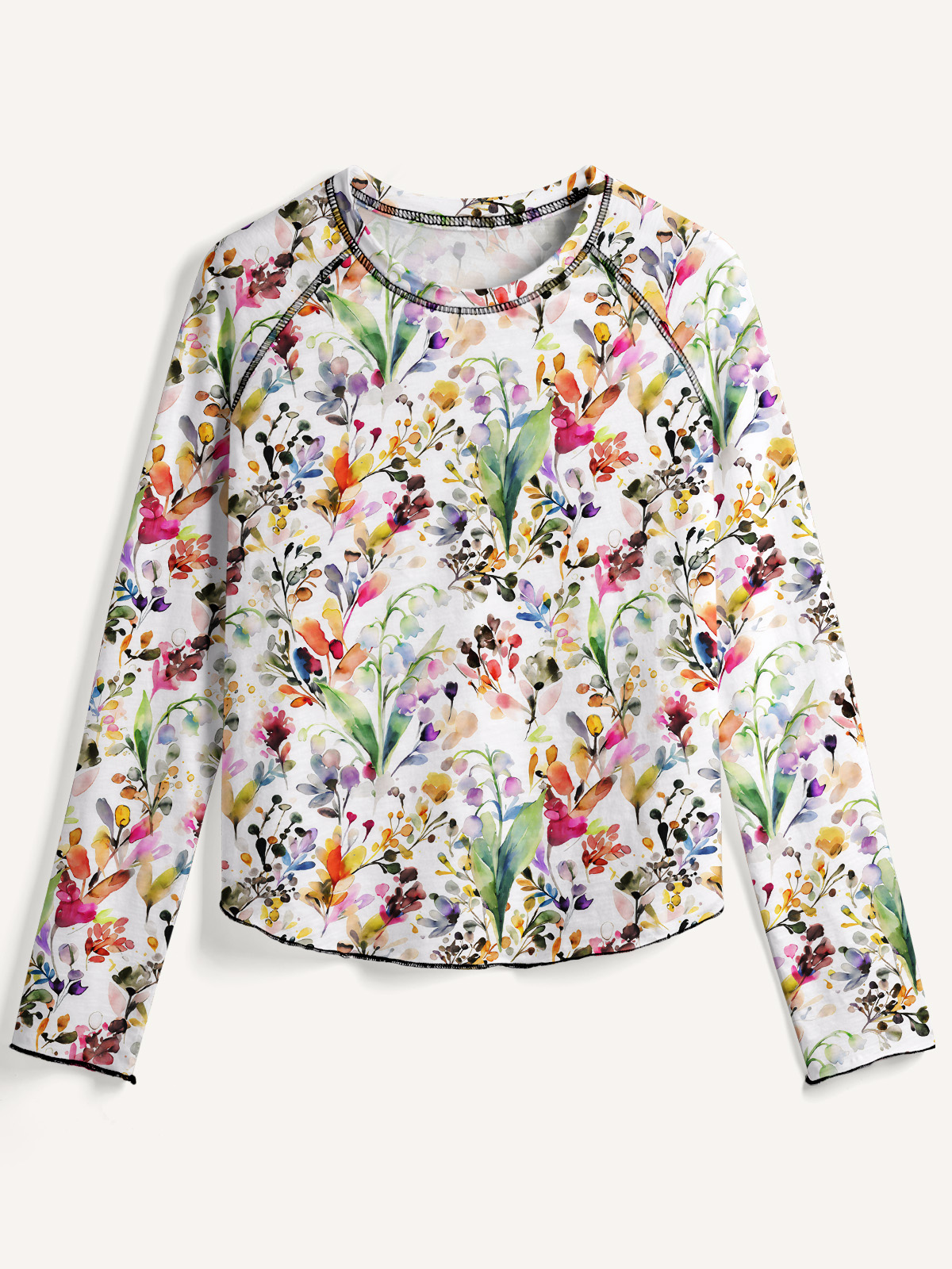 Watercolor Wildflower Garden All-Over Print Cotton Raglan Long Sleeve Top