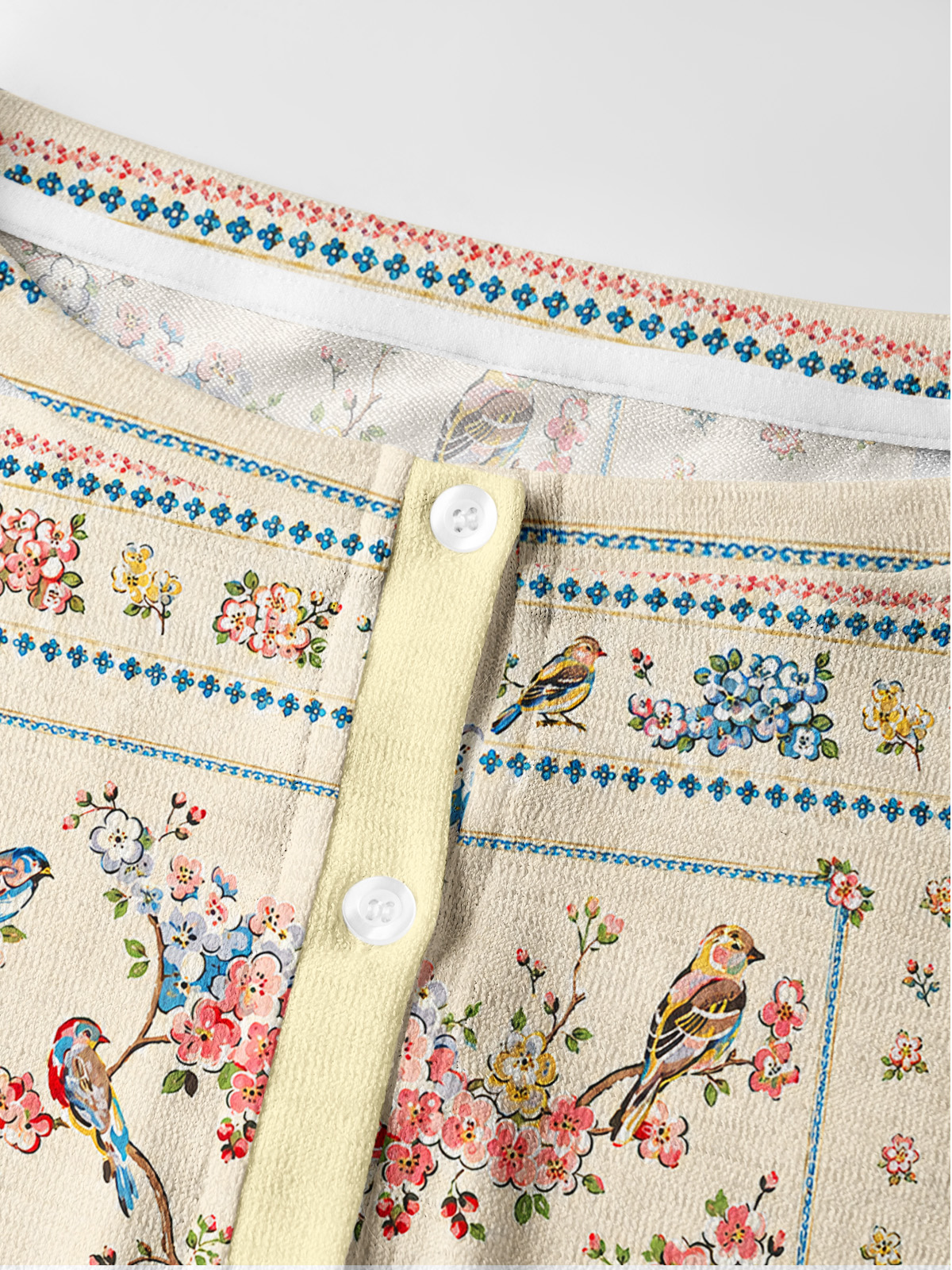 Vintage Floral Songbirds Print Fine‑Knit Cardigan
