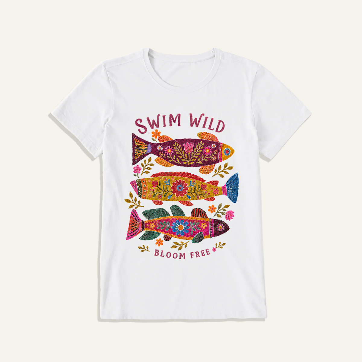 Folk Floral Fish Print Crew Neck Cotton Tee
