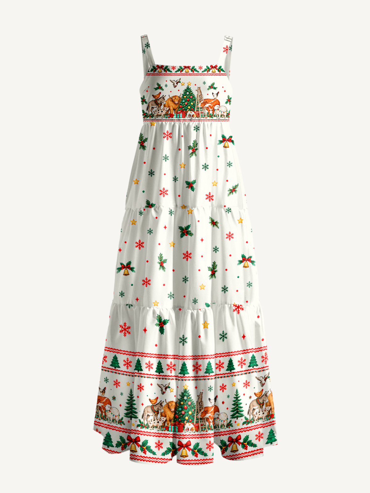 Christmas Farm Animals Print Wide Straps Maxi Dress With Pockets