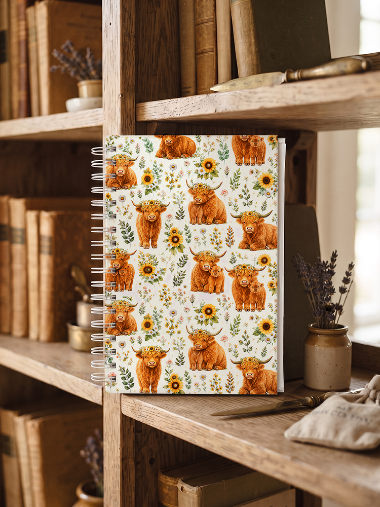 Spring Highland Cow Floral Print A5 Spiral Notebook 