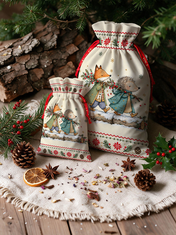 Christmas Fox & Hedgehog Reusable Drawstring Gift Bag