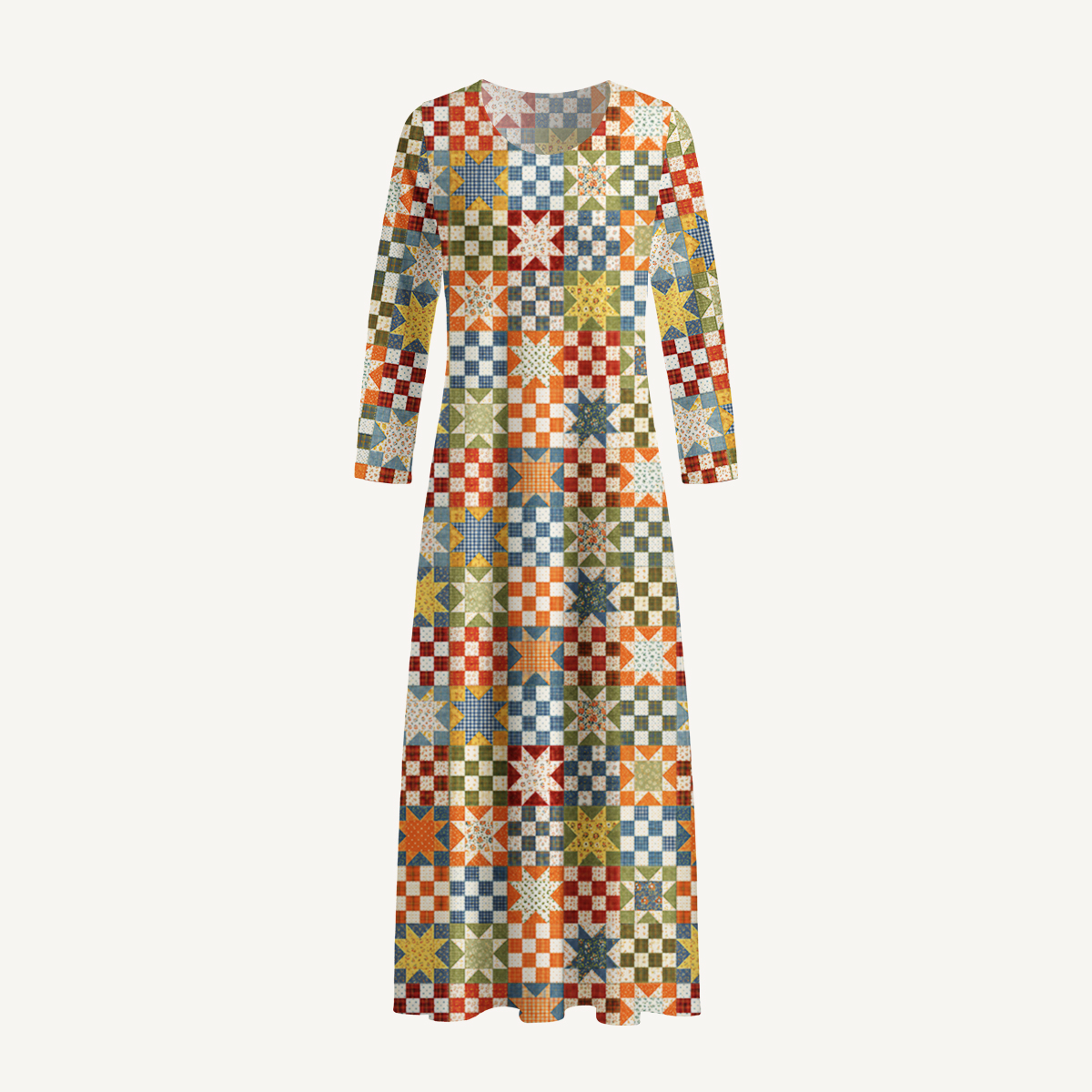 Vintage Star Quilt Patchwork Print Soft-Touch Stretch Knit Long Sleeve Maxi Dress with Pockets
