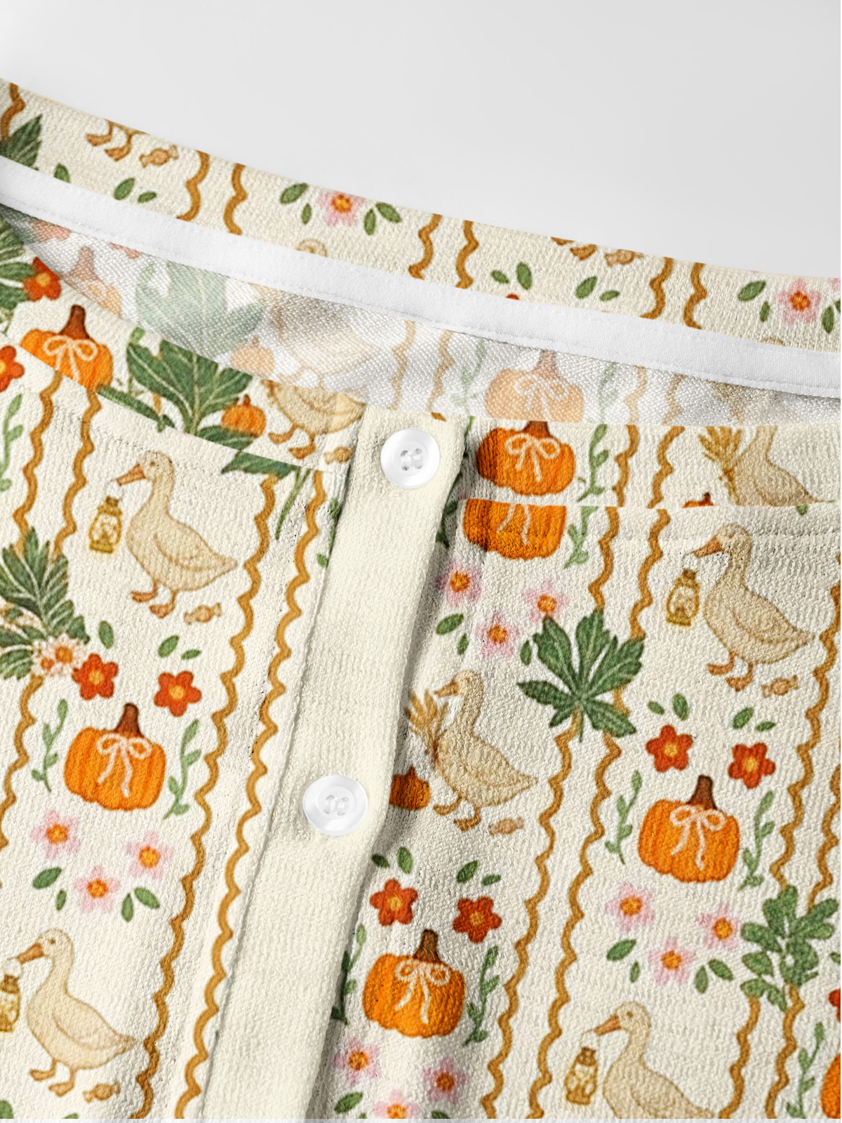 Lightweight Crew Neck Long‑Sleeve Cropped Harvest Goose & Pumpkin Print Fine‑Knit Cardigan