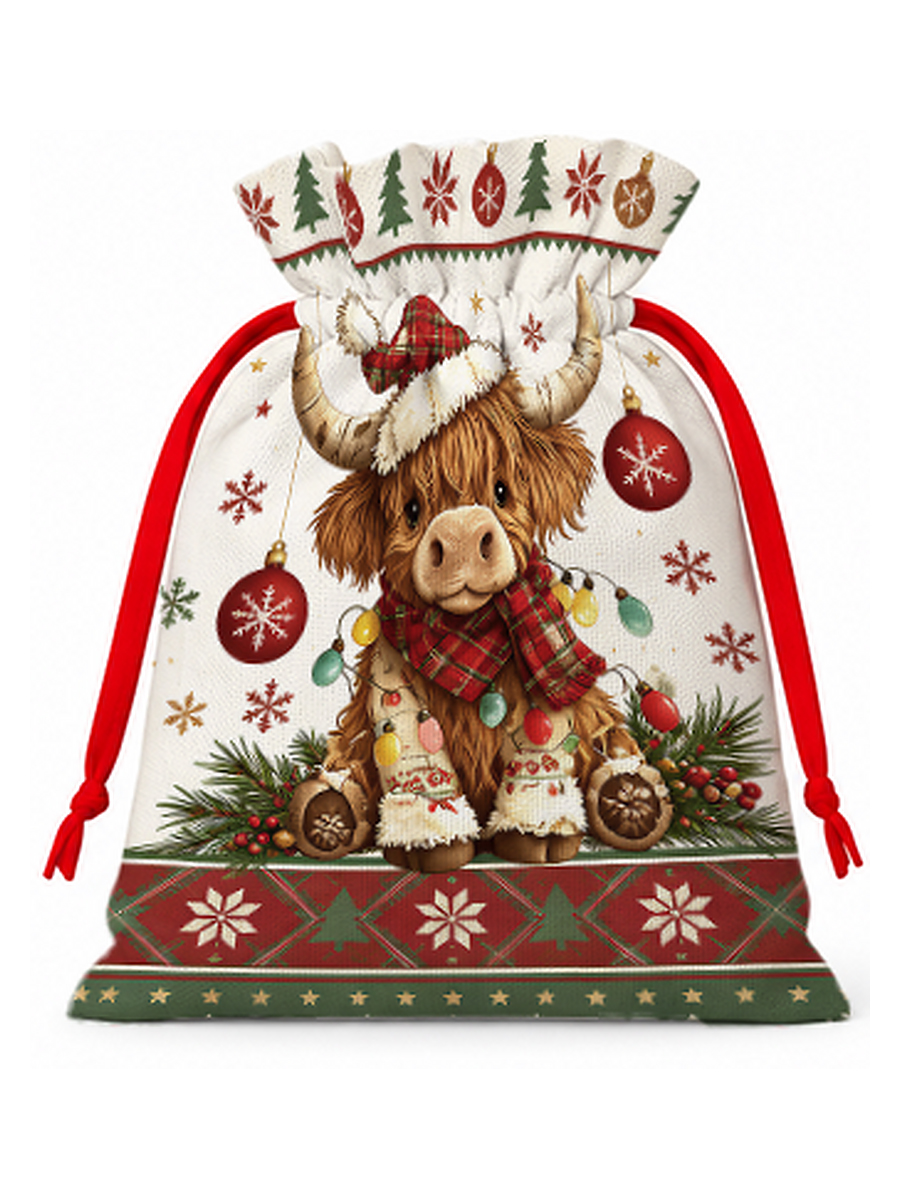 Highland Christmas Cow Reusable Drawstring Gift Bag