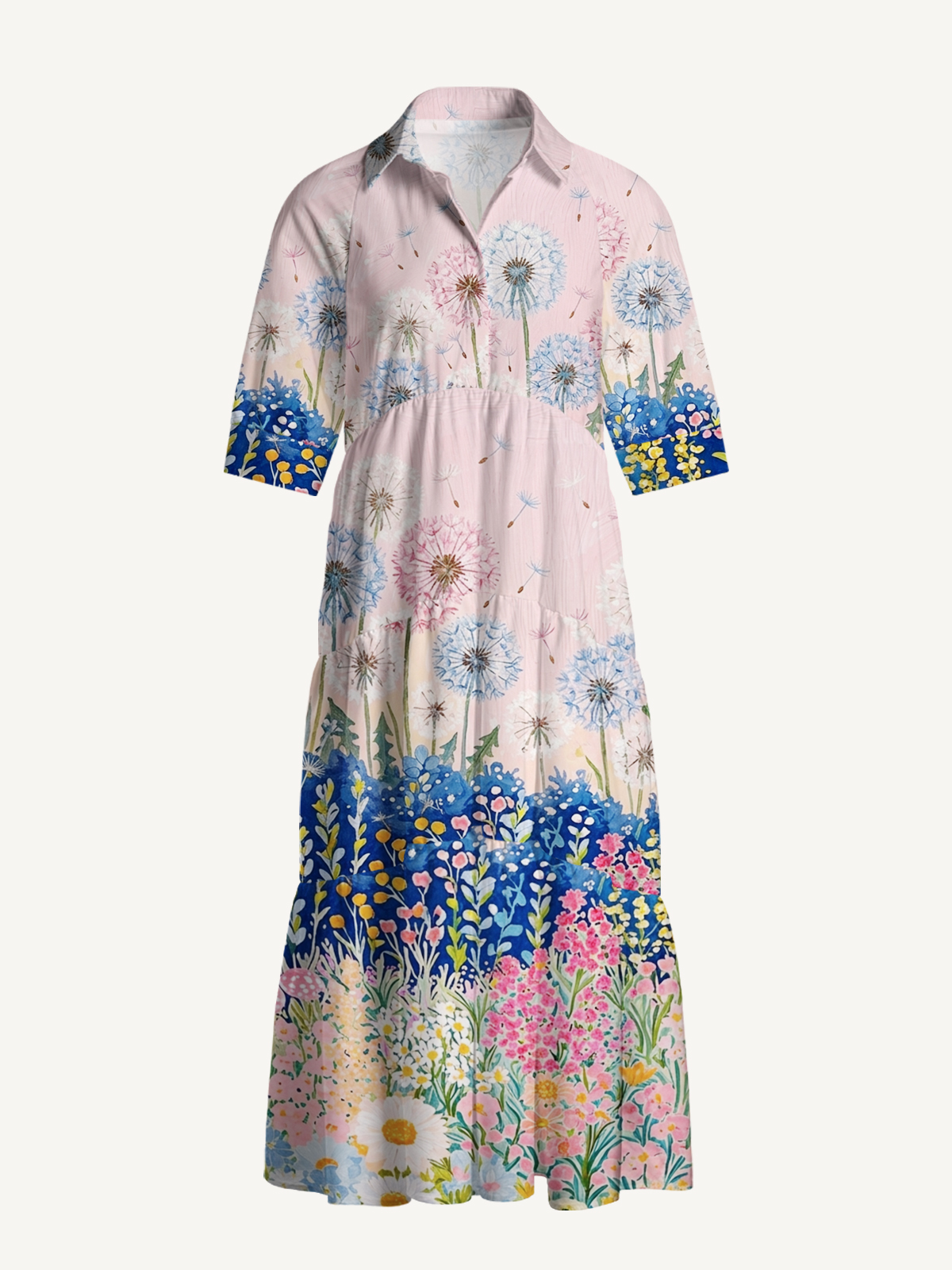 V Neck Collared Moonlit Dandelion Garden Print Casual Midi Dress With Pockets
