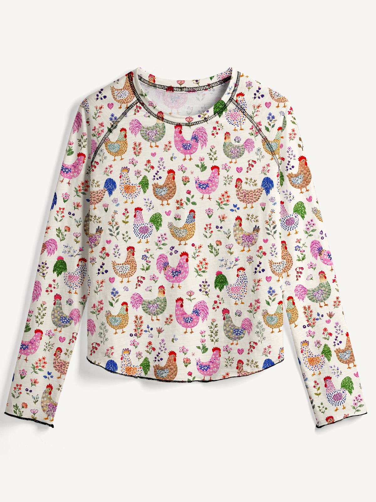 Colorful Farm Chickens All-Over Print Cotton Raglan Long Sleeve Top