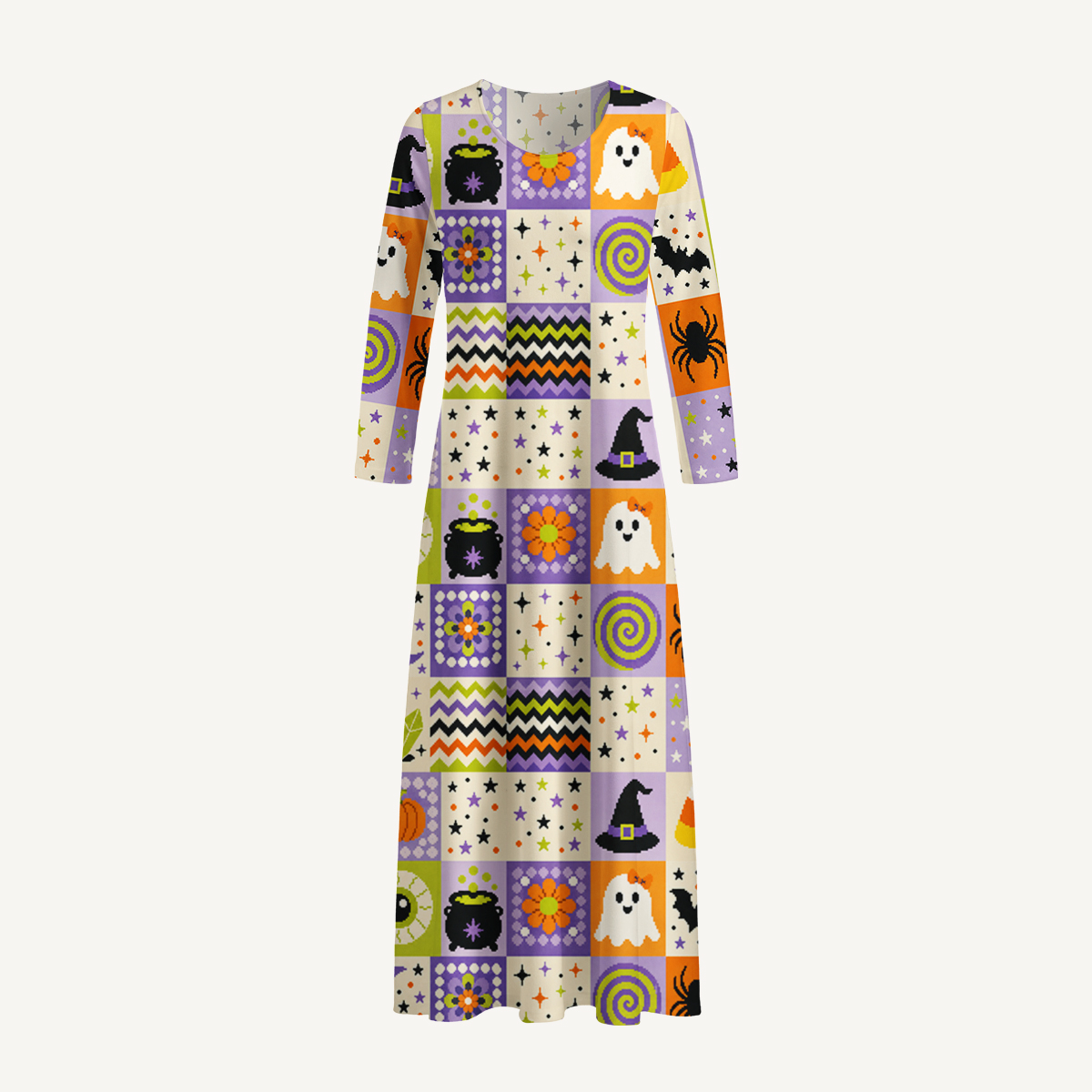 Pixel Halloween Patchwork Print Soft-Touch Stretch Knit Long Sleeve Maxi Dress with Pockets