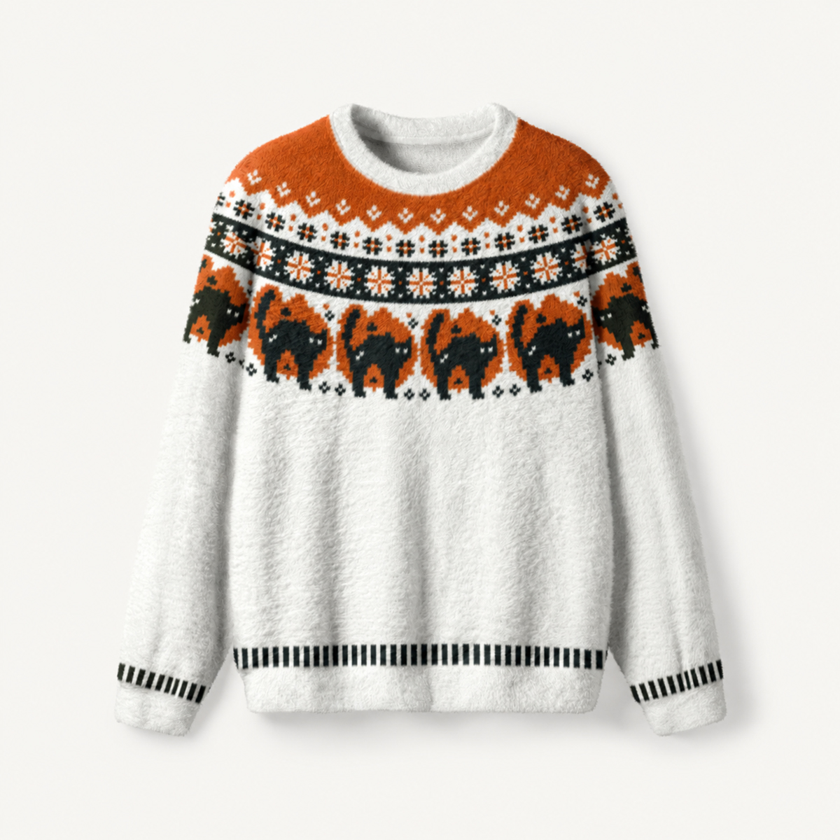 Spooky Fair Isle Black Cat Fuzzy Crewneck Sweater