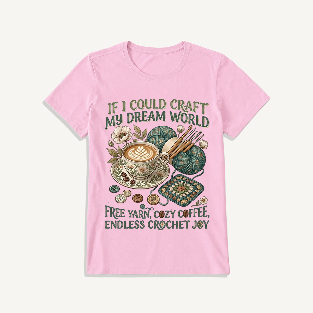 Cozy Coffee Crochet Dream Print Crew Neck Cotton Tee