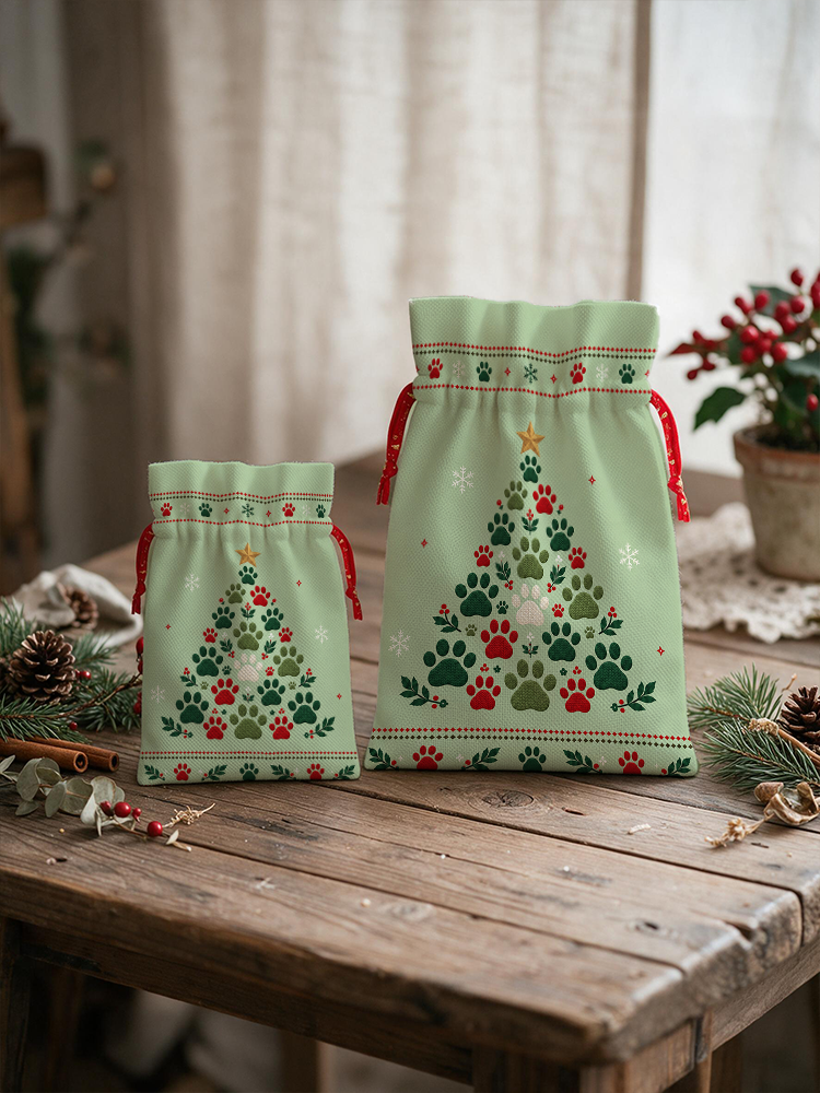 Cat Paw Print Christmas Tree Reusable Drawstring Gift Bag