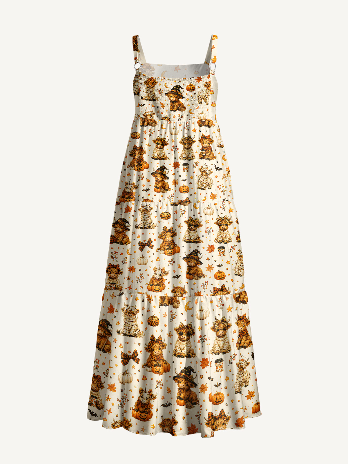 Spooky Highland Cows Print Wide Straps Maxi Dress With Pockets