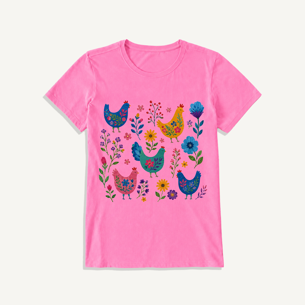Colorful Folk Hens Print Crew Neck Cotton Tee