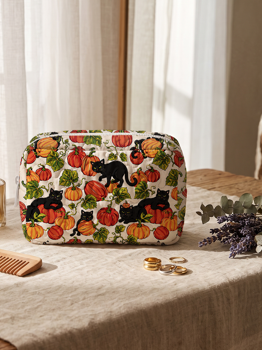 Black Cat Romp in the Pumpkin Fields Print Cloud Quilted Cosmetic Pouch