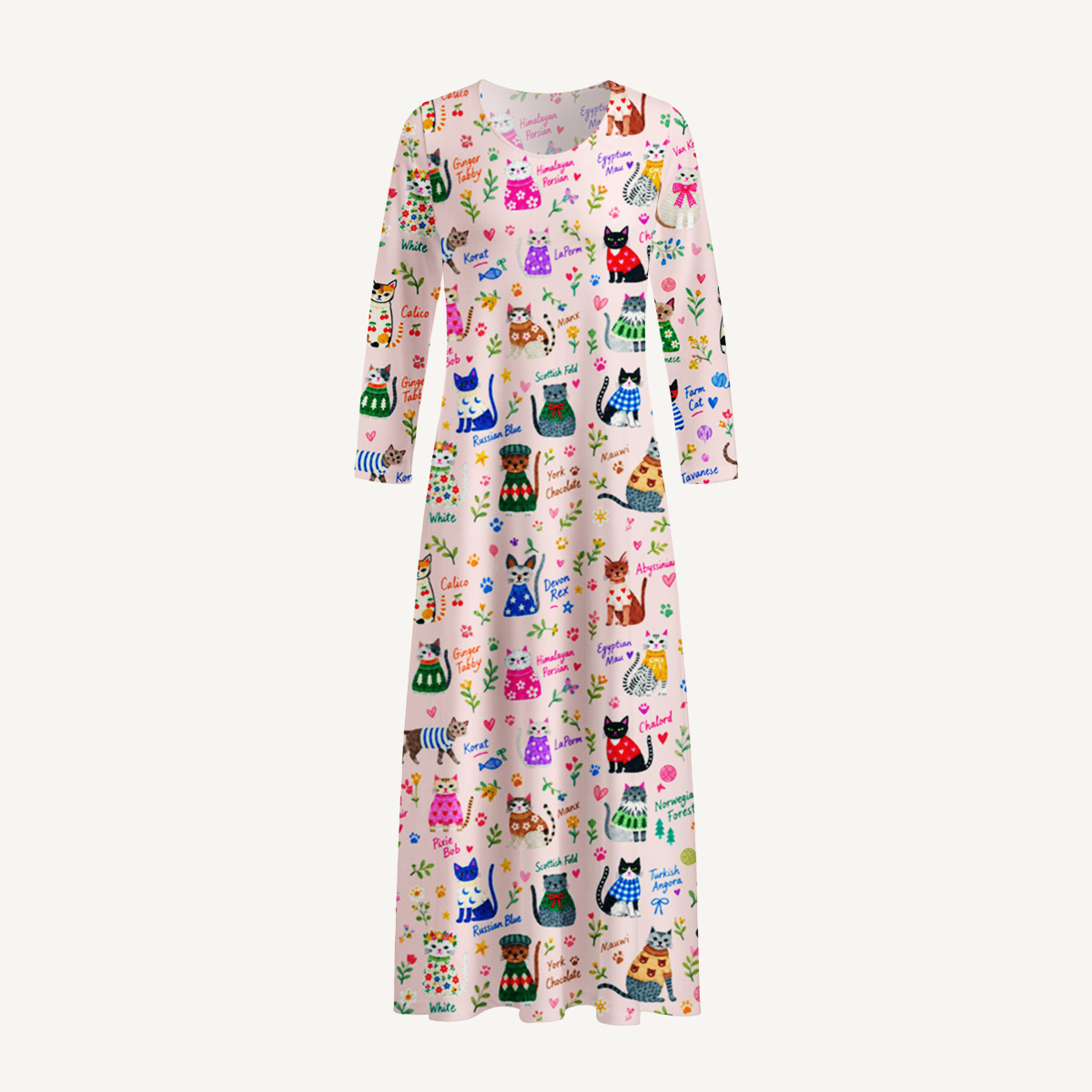 Whimsical Cat Breeds Print Soft-Touch Stretch Knit Long Sleeve Maxi Dress with Pockets