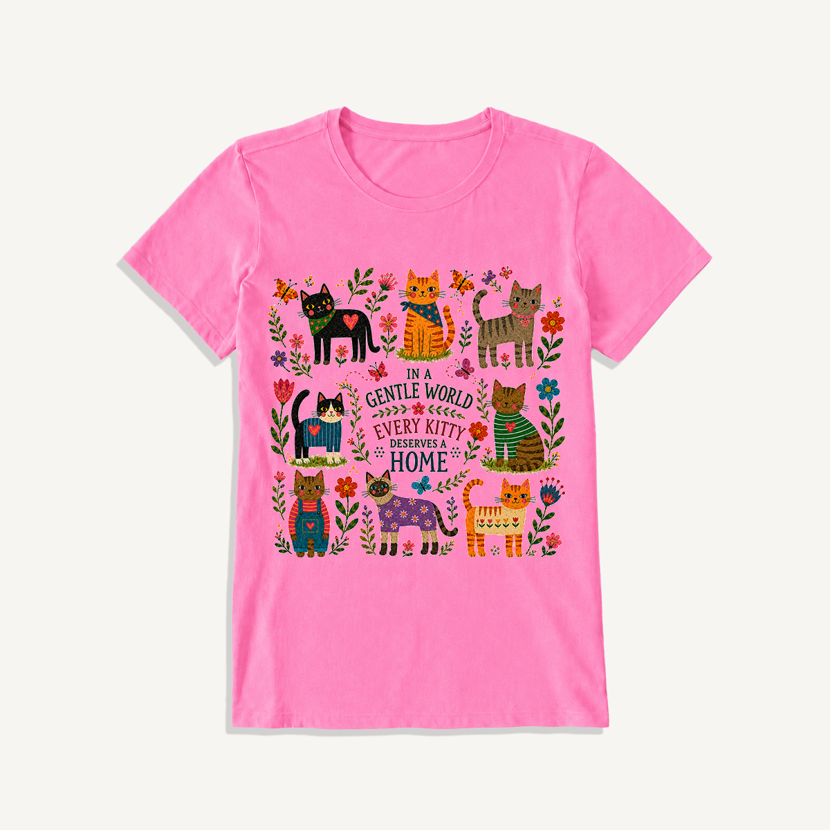 Gentle World Kitty Garden Print Crew Neck Cotton Tee