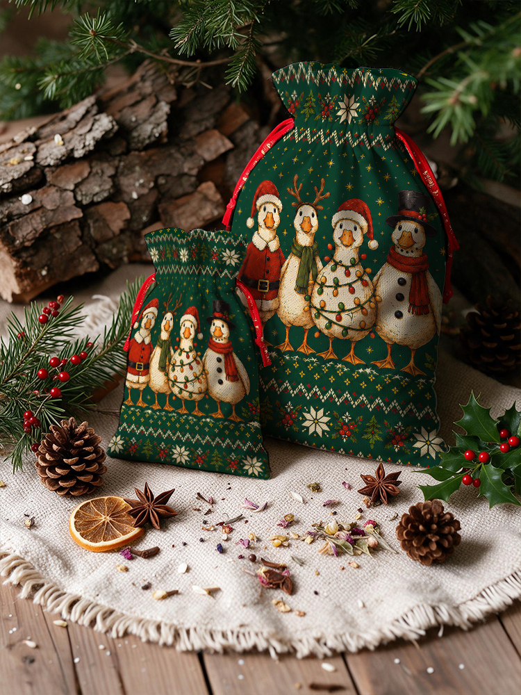 Cozy Country Christmas Ducks Reusable Christmas Drawstring Gift Bag