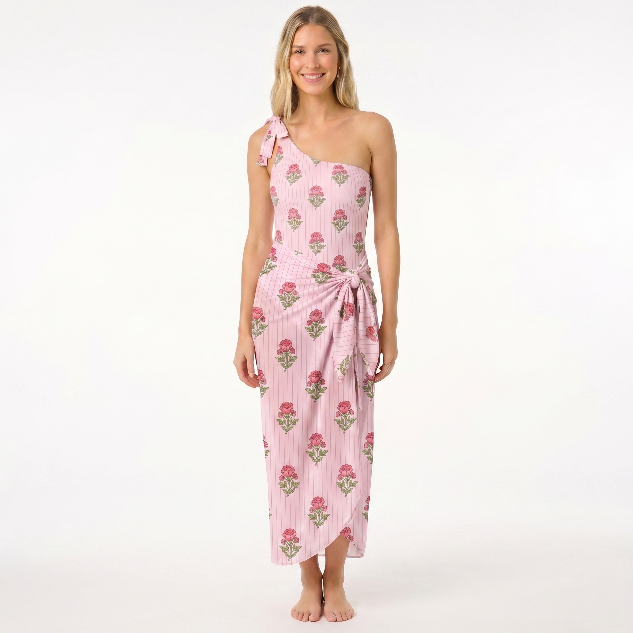 Misty Rose Garden One Shoulder One Piece Swimsuit and Matching Sarong Set for Women