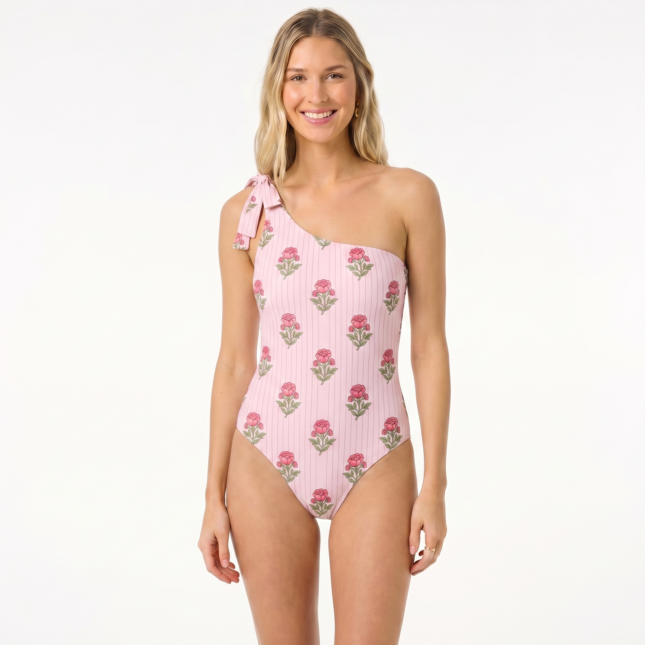 Misty Rose Garden One Shoulder One Piece Swimsuit and Matching Sarong Set for Women