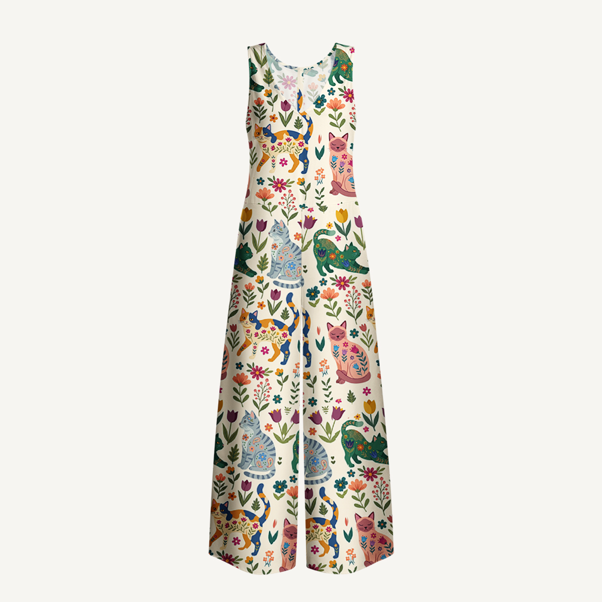 Cute Flower Cat Print Boho Jumpsuit with Pockets for Women